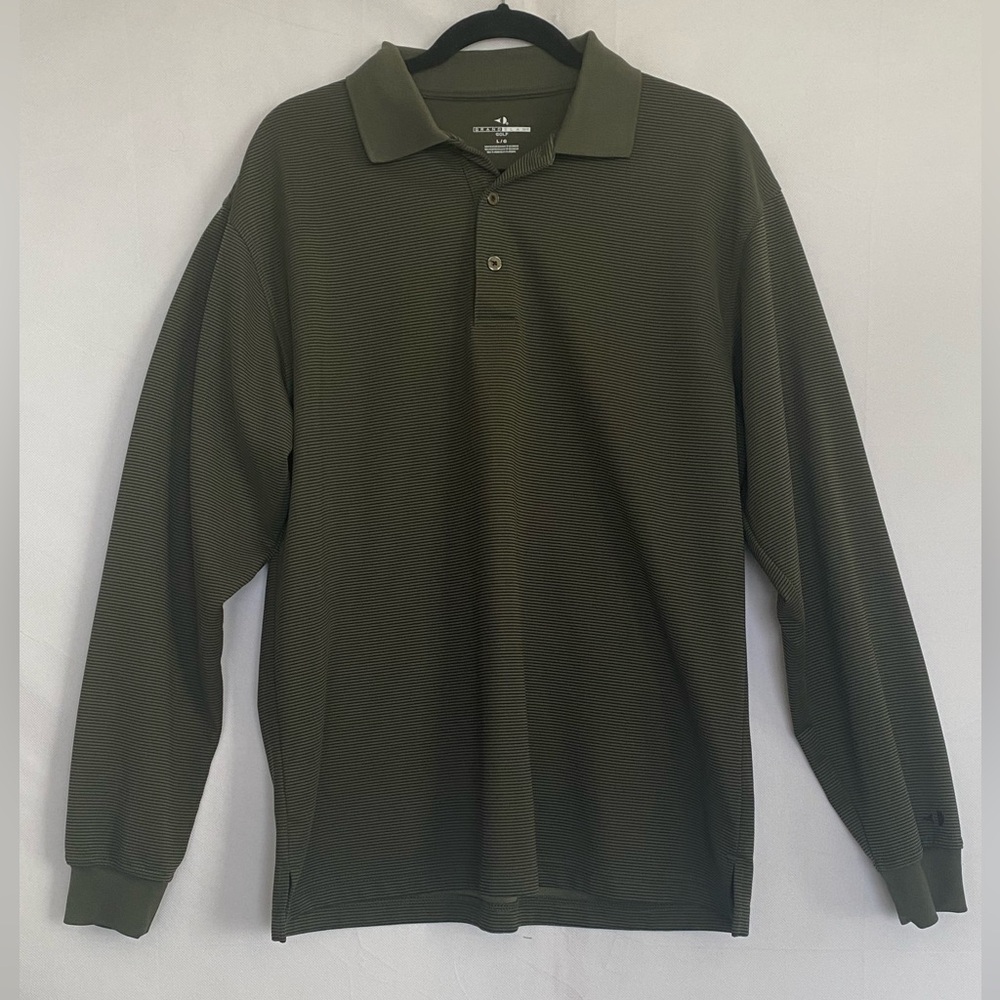 Grand Slam Golf Long Sleeve Polo Shirt Olive Green Textured Striped Mens Large